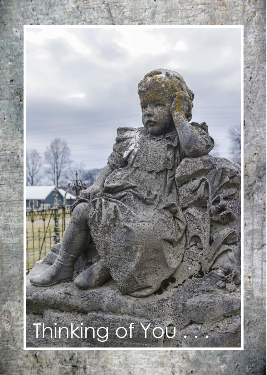 Sad little girl sculpture Maplewood Cemetery Card